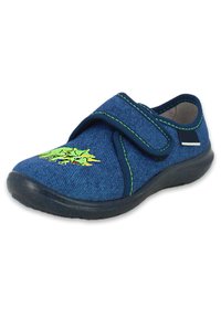 Chaussure en tissu bleue avec une bande velcro. Présente des coutures vertes et un design brodé d'un dinosaure sur le devant. Style à enfiler.