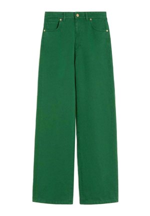 Pantalon vert à jambes larges avec poches avant, passants de ceinture et fermeture par bouton à la taille.