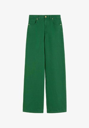 Groene wijde broek met steekzakken, riemlussen en een knoopsluiting in de taille.