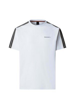 Weißes T-Shirt aus Baumwolle mit schwarzen und goldenen Streifenakzenten auf den Schultern und dem "HACKETT"-Logo auf der Vorderseite.