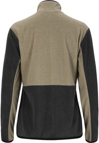 Veste en polaire avec un col haut, présentant des rayures horizontales en beige et gris foncé, un tissu texturé et des accents noirs contrastants le long de l'ourlet.
