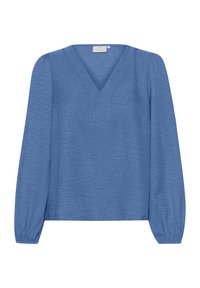 Blouse en lin bleu avec un col en V, des manches bouffantes longues et une finition texturée. Coupe décontractée avec des détails de couture subtils au niveau de l'encolure.