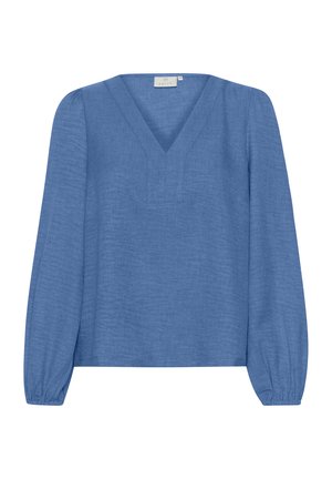 Blaue Leinenbluse mit V-Ausschnitt, langen Puffärmeln und einer strukturierten Oberfläche. Lockere Passform mit dezenten Nähte am Halsausschnitt.