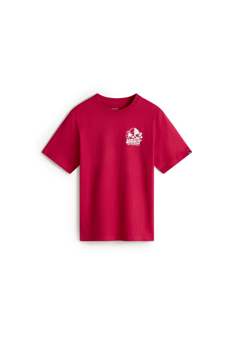 Camiseta de algodón roja con mangas cortas, cuello redondo, con un estampado gráfico blanco en la parte izquierda del pecho. Corte regular, sin adornos.