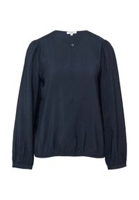 Blouse bleu marine avec de longues manches bouffantes, un col rond et une fermeture par un bouton à l'avant. Fabriquée en tissu léger et lisse.