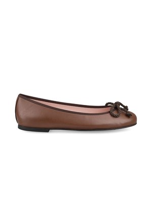 Brown leather ballet flat with dark trim and a twisted cord bow on the rounded toe, flat black sole, and pink interior lining.