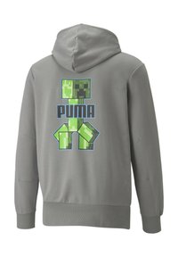 Grå hættebluse med et pixeleret grønt Creeper-motiv fra Minecraft, med ordet "PUMA" i blå under designet. Tekstureret stof.