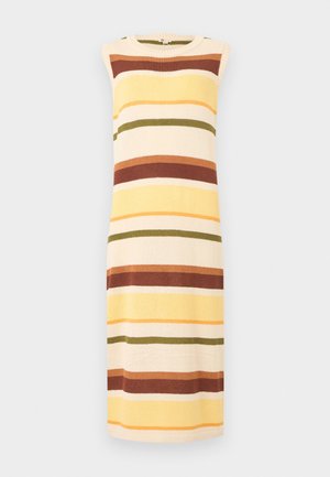 Robe tricotée sans manches à rayures horizontales dans les tons crème, jaune, rouille, olive et orange, dotée d'un col rond.