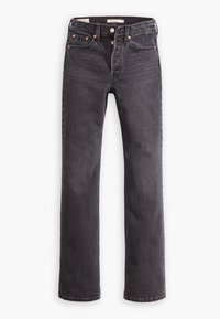 Tummanharmaat denimpöksyt suoralla lahkeella, kuparinapit ja -niitit sekä hillitty kulutus, klassisella viiden taskun mallilla.