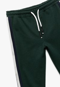 Groene sweatpants gemaakt van zachte stof, met witte en marineblauwe zijstrepen, een elastische tailleband en een trekkoord met zwarte accenten.