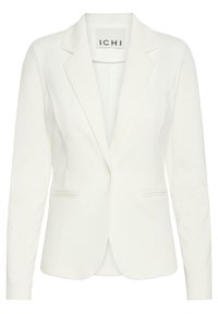 Blazer blanc cintré avec revers crantés, manches longues, fermeture à un bouton et deux poches passepoilées à l'avant, étiquette de la marque ICHI à l'intérieur du col.