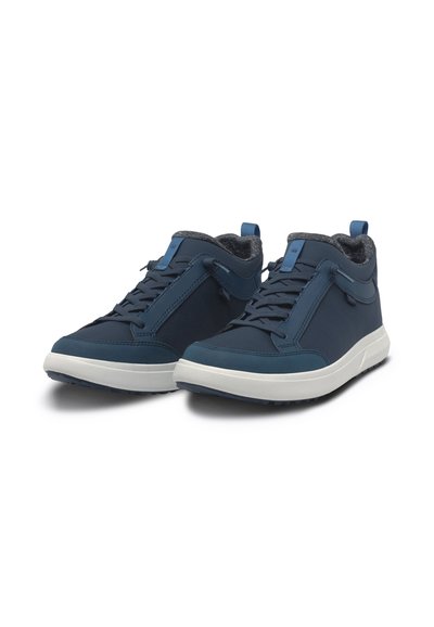 Dark blue sneakers with a textured finish, featuring a padded collar, lace-up front, and white rubber sole. Lightweight, sporty design.