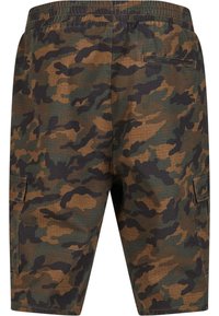Kamelåbarda cargo shorts med afslappet pasform, der har brune, grønne og sorte mønstre. Indeholder en sidelomme og elastisk talje.