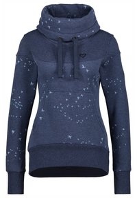 Sudadera azul marino con un collar alto y doblado, que presenta patrones de pájaros en azul claro. Incluye cordones y un bolsillo tipo canguro en la parte frontal.
