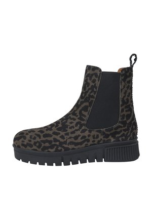 Suedes Chelsea boots med leopard-prik, elastiske sidestykker og en sort gummisål med strukturerede riller.