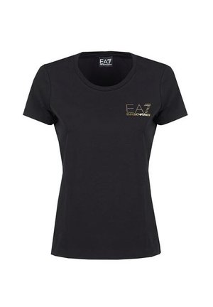 T-shirt noir à manches courtes en coton doux, avec un col rond et un accent doré EA7 sur la poitrine gauche.