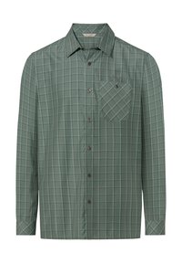 Groene geruite langearige shirt gemaakt van zachte stof, met een voorzak en bruine knopen, met een lichtblauw ruitpatroon.