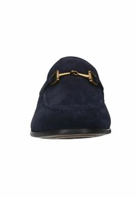 Navy suede loafers feature a smooth texture, rounded shape, and a gold-tone hardware accent across the vamp. Flat sole design.