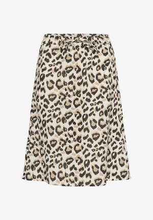 Falda de leopardo hecha de tela texturizada, con una cintura elástica y detalle de lazo. Los colores incluyen beige, negro y marrón. Forma de línea A.