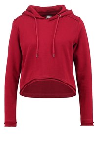 Sudadera corta roja con bolsillo delantero, capucha con cordón, mangas largas y dobladillo acanalado. Fabricada en suave tejido de algodón con una textura lisa.