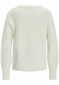 Sweater de malha verde-claro com decote redondo, punhos e bainha canelados. O design inclui um padrão texturizado no tecido.
