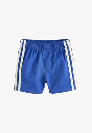 Kék elasztikus derekú rövidnadrág két függőleges fehér csíkkal mindkét oldalon, alkalmi vagy sportos viseletre tervezve.