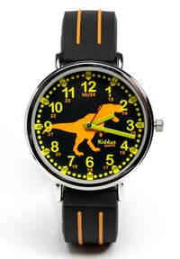 Montre pour enfants avec un bracelet en silicone noir agrémenté d'accents orange. Cadran rond noir avec des chiffres jaunes et un graphique de dinosaure. Aiguilles vertes.