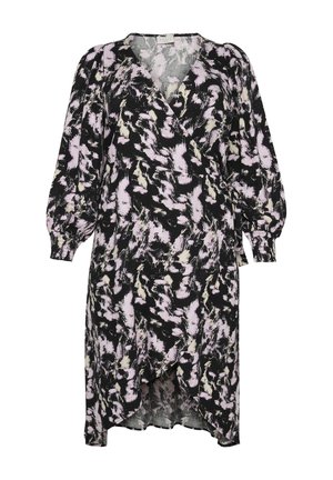 Schwarzes Wickelkleid mit multicolor abstraktem Muster in Rosa- und Cremetönen, langen Puffärmeln und einem geschwungenen Saum.