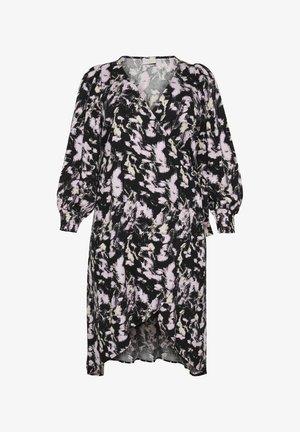 Mustikas värvitud kleit, millel on mitmevärviline abstraktne muster roosa ja kreemika tooni, pikad puff-sleeved ja kõver alläär.