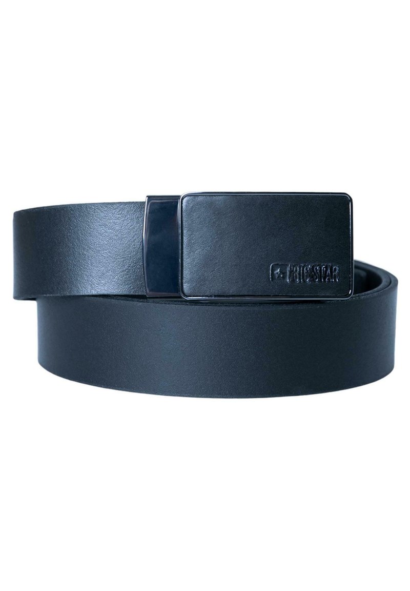 Ceinture en cuir noir au fini lisse, dotée d'une boucle rectangulaire en métal noir et d'un logo en relief. Design classique, matériau durable.