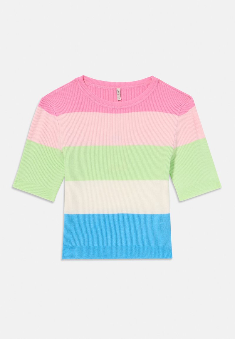 Κοντομάνικο τοπ με ρίγες σε οριζόντιες γραμμές σε ροζ, ανοιχτό ροζ, πράσινο, λευκό και μπλε. Μαλακή υφή με στρογγυλή λαιμόκοψη.