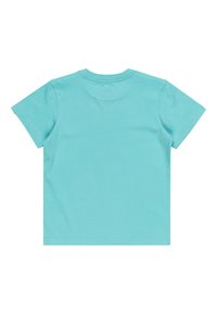 Camiseta de algodón turquesa con mangas cortas, cuello redondo y dobladillo recto; color sólido con una textura suave, sin gráficos ni adornos.