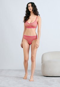 Ελαφρύ ροζ εσώρουχο σετ που περιλαμβάνει ένα seamless σουτιέν με λεπτές τιράντες και ταίριαζα εσώρουχα χαμηλού κόψιμου, κατασκευασμένο από απαλό, διάφανο ύφασμα.