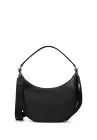 Borsa a spalla in pelle nera con forma arrotondata, superficie testurizzata e logo impresso. Presenta una tracolla staccabile con lettering audace e chiusura a zip.