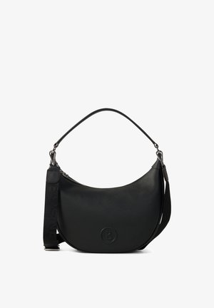 Borsa a spalla in pelle nera con forma arrotondata, superficie testurizzata e logo impresso. Presenta una tracolla staccabile con lettering audace e chiusura a zip.