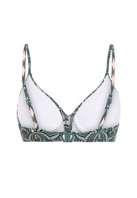Podprsenka s nastaviteľnými ramienkami, zeleným a broskyňovým geometrickým vzorom, predným zapínaním a hladkými tvarovanými košíčkami, zobrazená z predného pohľadu.