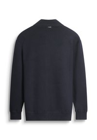 Maglione lavorato a maglia blu navy con colletto, maniche lunghe e orlo a coste. Loghi discreti sopra il collo sul retro.