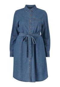 Abito camicia in denim con maniche lunghe, chiusura con bottoni frontale, colletto e cintura in vita. Presenta una tasca sul petto e un orlo arrotondato. Colore blu.