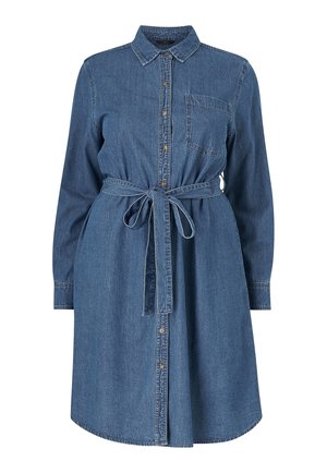 Jeanshemdkleid mit langen Ärmeln, einer durchgehenden Knopfleiste, Kragen und Taillenumarngurt. Verfügt über eine Brusttasche und einen abgerundeten Saum. Blaue Farbe.