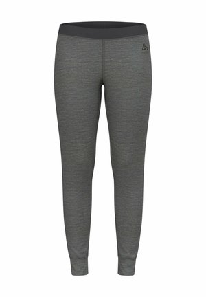 Lightweight, stretchy gray leggings with a fitted design. Features a smooth waistband and logo accent. Suitable for active wear and comfort.