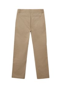 Beige rechte broek met riemlussen en twee achterzakken, weergegeven van de achterkant op een witte achtergrond.