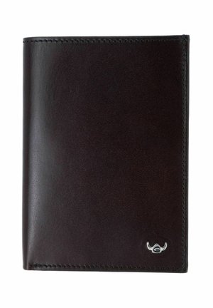 Dunkelbraune Leder-Bifold-Geldbörse mit einfacher Naht und kleinem silbernem Stierkopf-Logo in der unteren rechten Ecke.