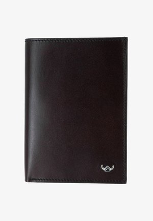 Cartera bifold de cuero marrón oscuro con costuras sencillas y un pequeño logo plateado con la cabeza de un toro en la esquina inferior derecha.