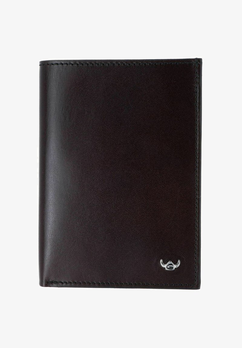 Portefeuille en cuir brun foncé, pliable, avec une couture simple et un petit logo tête de taureau argenté en bas à droite.