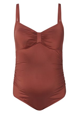 Costume da bagno intero marrone con spalline regolabili, dettagli arricciati sul busto e ai lati, e un tessuto liscio e elasticizzato.