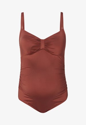 Costume da bagno intero marrone con spalline regolabili, dettagli arricciati sul busto e ai lati, e un tessuto liscio e elasticizzato.