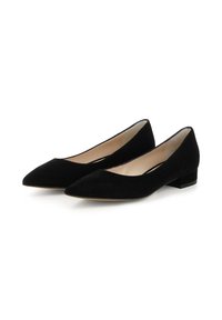 Ballerine in suede nero con punta appuntita e tacco basso a blocco. Presentano una fodera interna liscia e una silhouette minimalista.