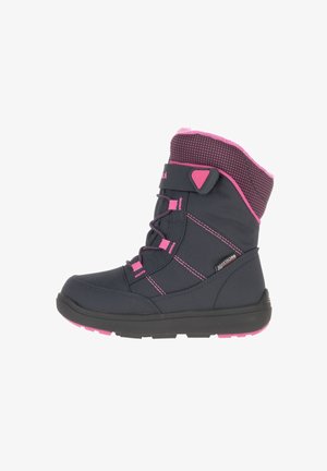 Dunkelgraue Winterstiefel mit rosa Akzenten, isolierter Innenausstattung, strukturiertem Kragen und verstellbarem Riemen, ausgestattet mit einer robusten Gummisohle.