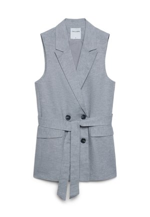 Gilet grigio chiaro senza maniche doppiopetto con rever con scalino, due tasche frontali, cintura in tessuto abbinato e bottoni neri, taglia piccola.