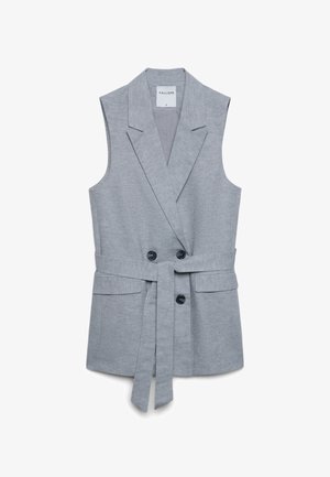 Ärmellose, hellgraue, doppeltreihige Weste mit Notch-Revers, zwei Fronttaschen, passendem Stoffgürtel und schwarzen Knöpfen, Größe Small.